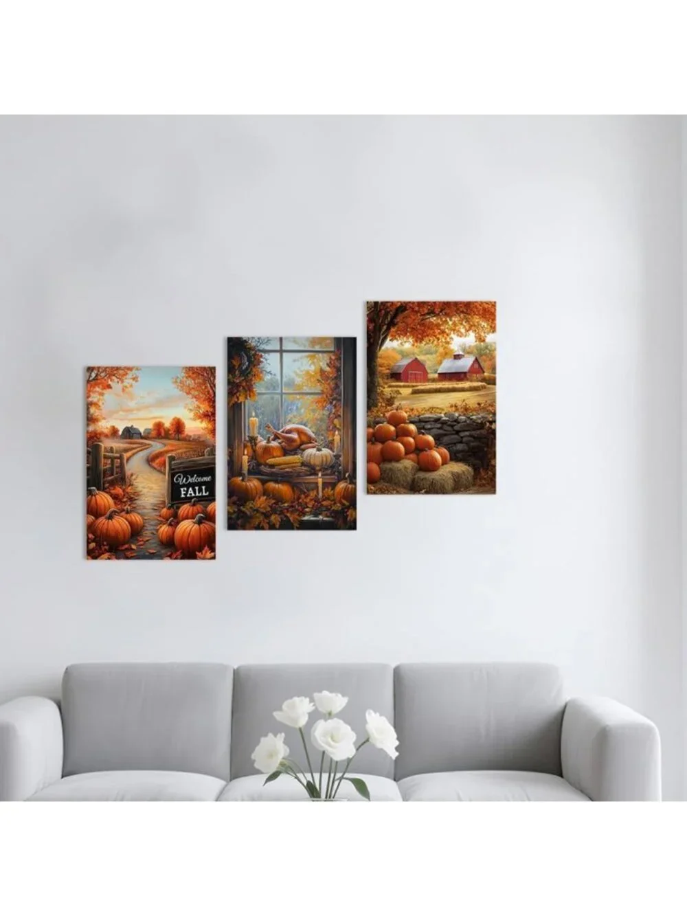 Autumn Farmhouse Wall Art Set of 3 - Barn & Pumpkin Canvas Prints, Rustic Decor